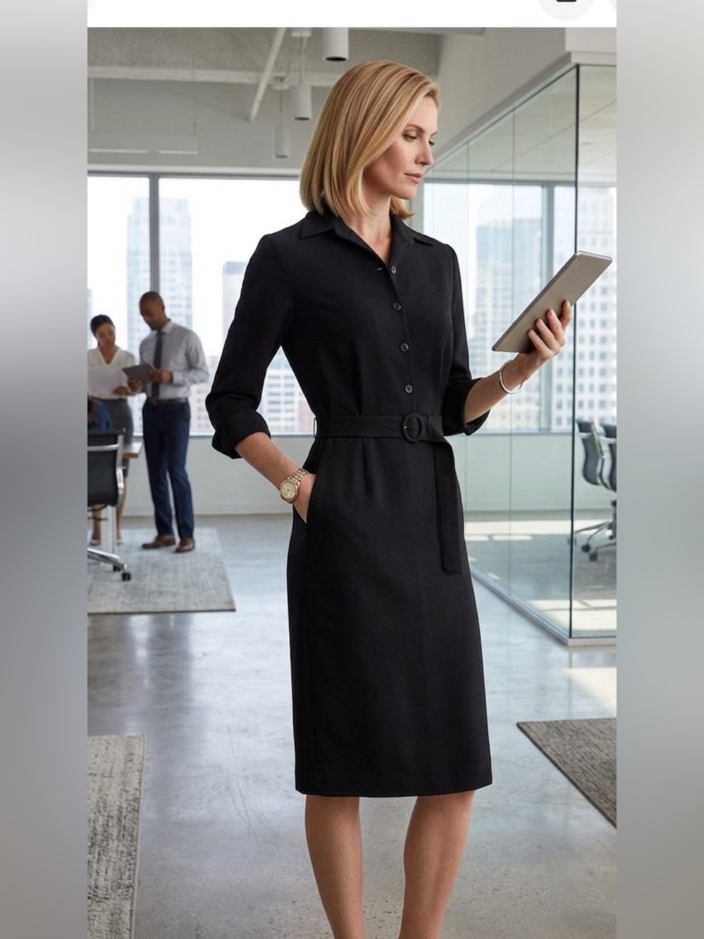 Solezia Black Long Sleeve Belted Midi Dress - Korean Luxury Professional Chic S‎